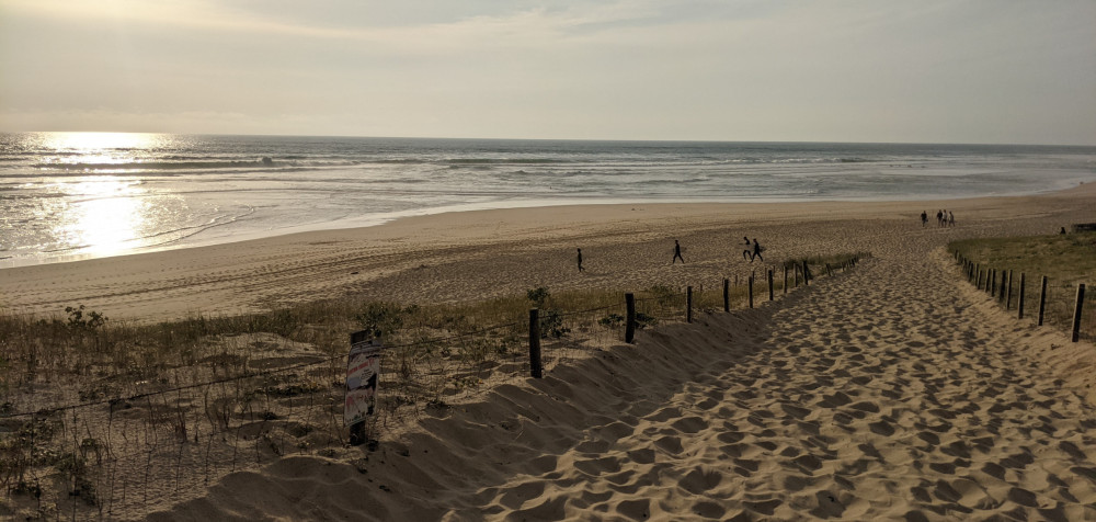 Dünen, Meer und ein paar Menschen mit Surfboard unter dem Arm in der Ferne